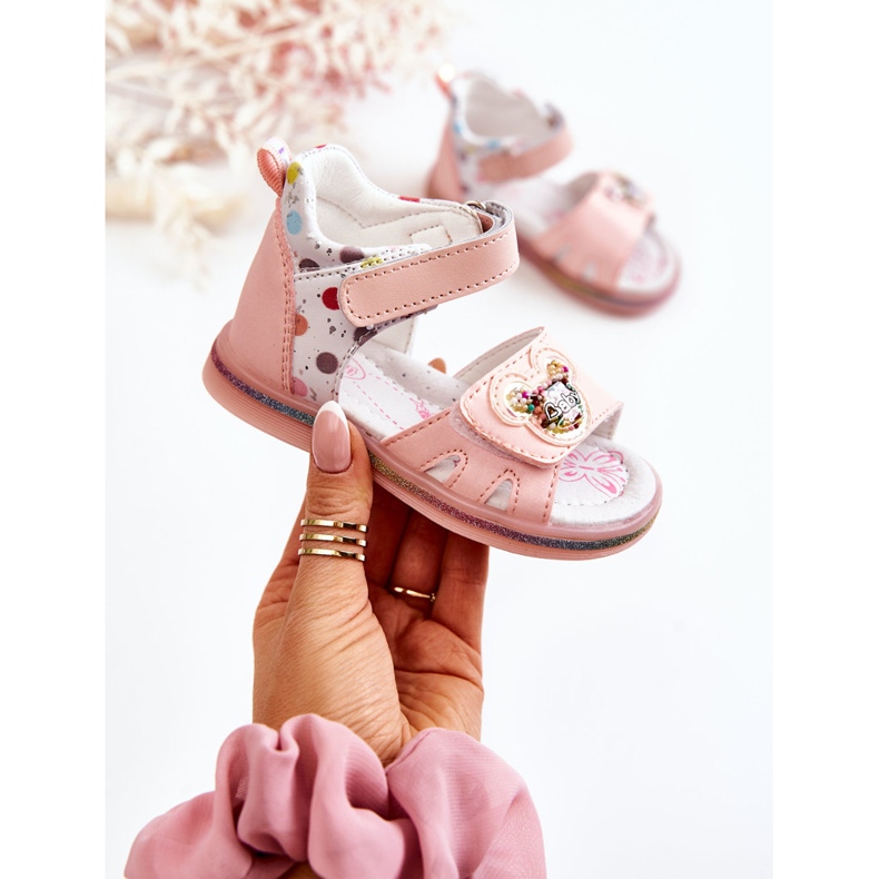 PJ2 Sandálias infantis de couro com bolinhas rosa 1