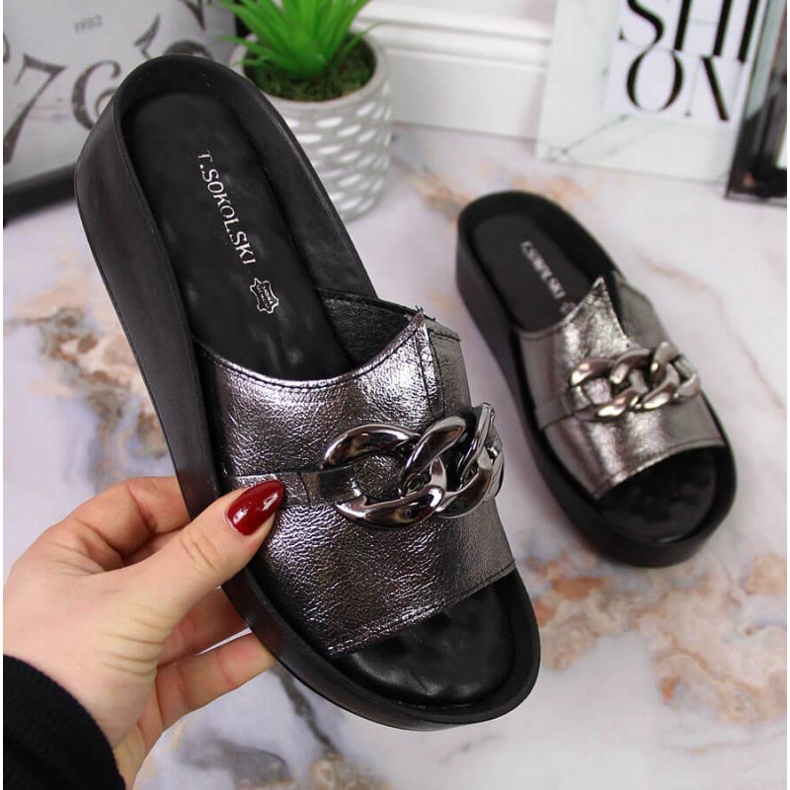 Chinelos de couro com corrente T.Sokolski W SCA161 prata 1