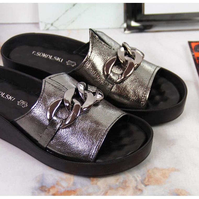 Chinelos de couro com corrente T.Sokolski W SCA161 prata 2