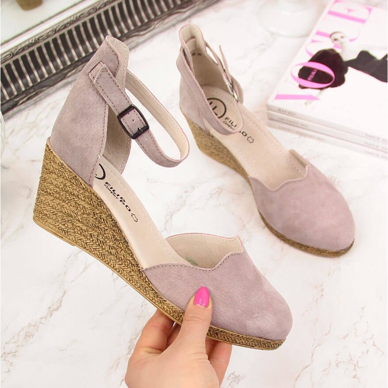 Sandálias femininas de couro em uma cunha, Filippo rosa sujo 2