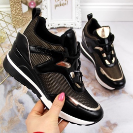 Sneakers de cunha preta de mulher Vinceza preto dourado 2