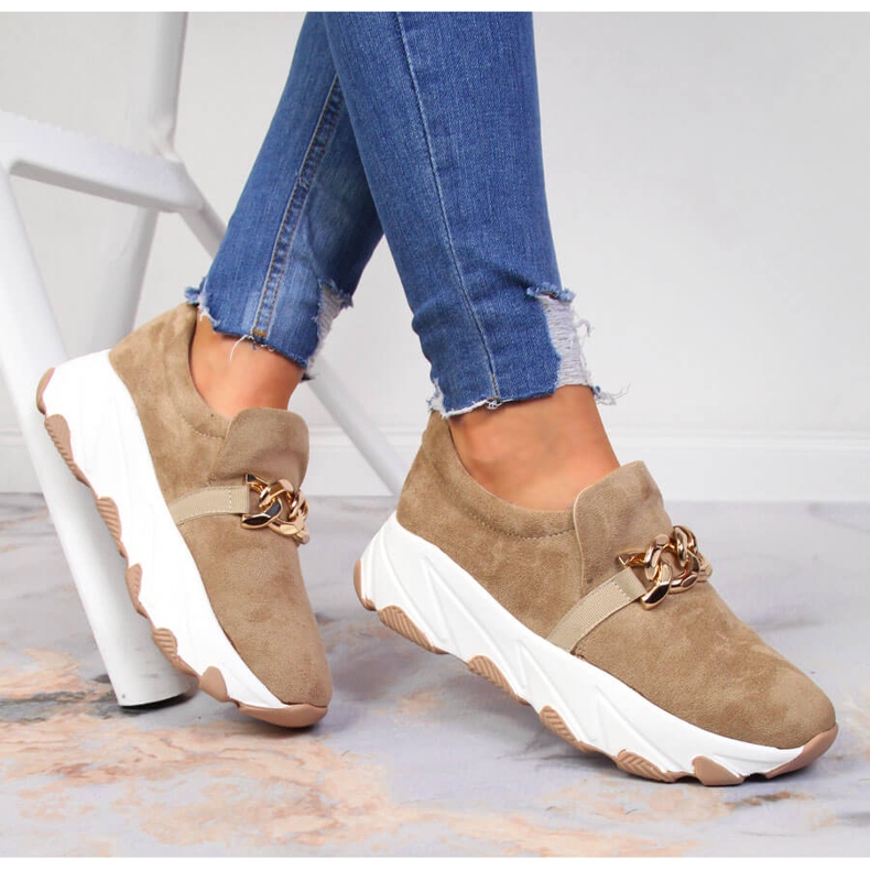 Sapatos femininos com corrente em potocki bege 1