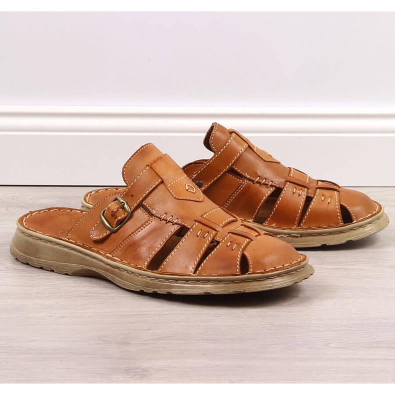 Chinelos de homem de couro marrom confortável Łukbut 962 castanho 1