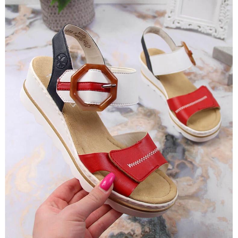 Sandálias de cunha de mulher Rieker 67476-33 branco preto vermelho multicolorido 1