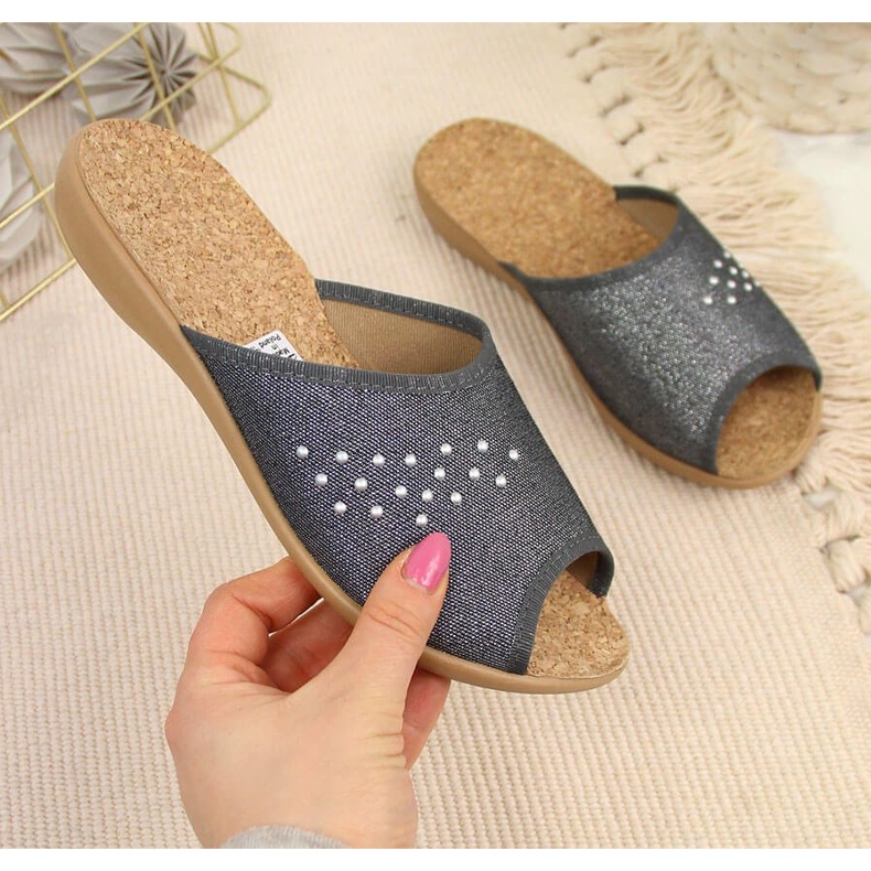 Chinelos de casa de mulher, biqueira aberta, Befado cinzento cinza 1