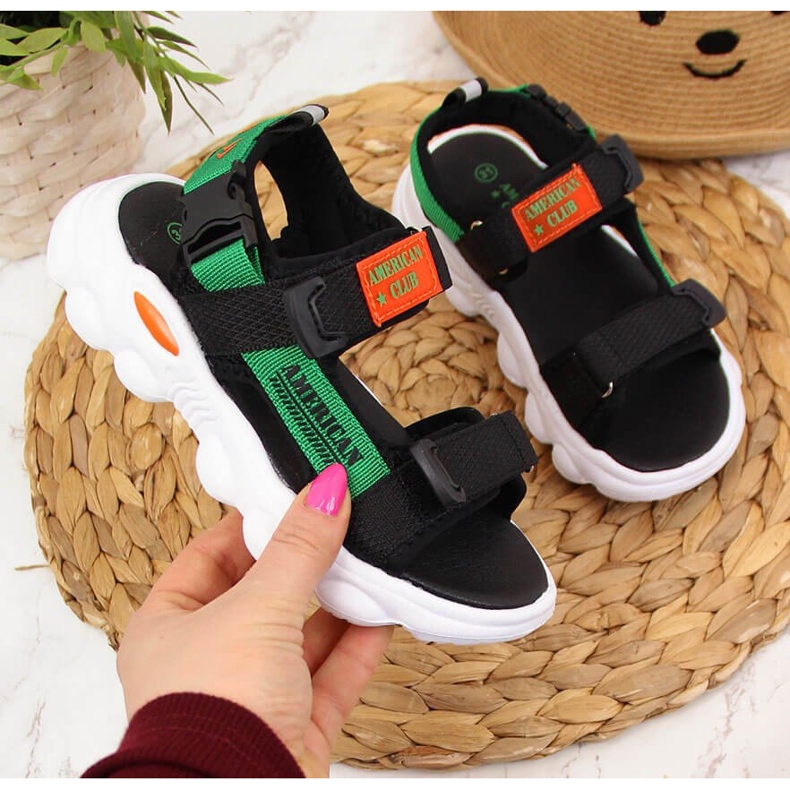 Sandálias de menino Black American Club com velcro preto verde 1