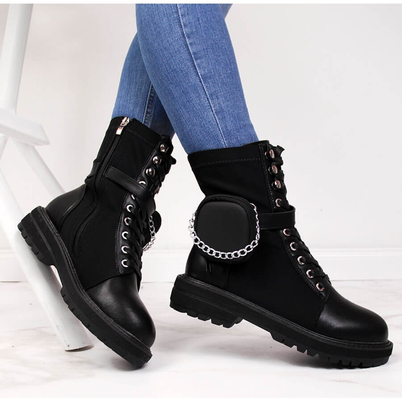 Botas de couro femininas com bolso preto Goe II2N4024 1