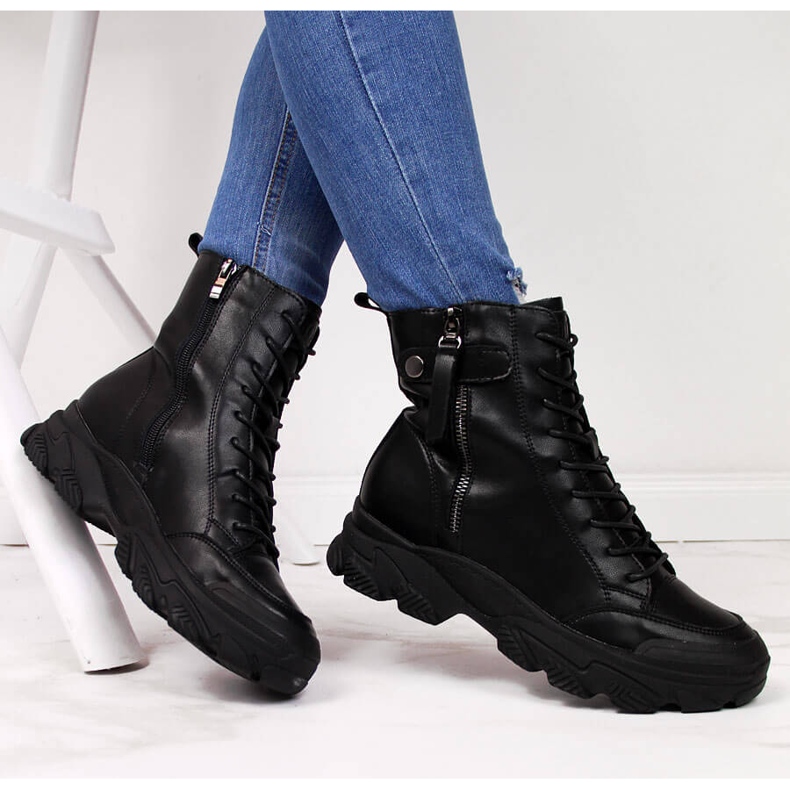 Botas de couro femininas na plataforma Goe II2N4031 preta preto 1