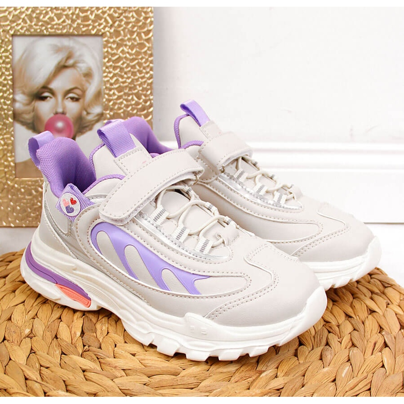 Sapatos desportivos de menina com velcro cinza-púrpura American Club branco tolet 2