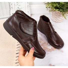 Botas femininas de couro marrom com velcro, marrom Łukbut 676 castanho 2