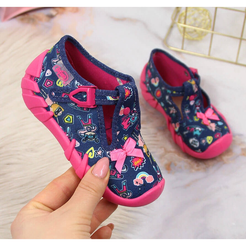 Chinelos de menina para jardim de infância, azul marinho Befado azul-marinho rosa 1