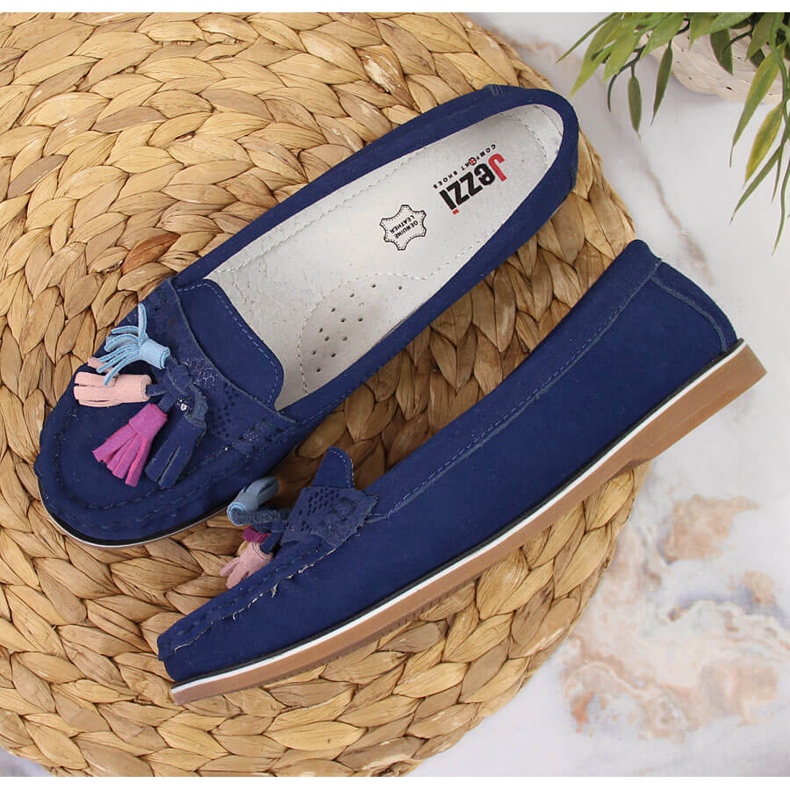 Mocassim feminino de couro com franjas, azul marinho Jezzi 1