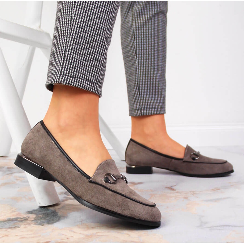 Mocassins femininos de sapatos baixos com decoração Jezzi cinza 2