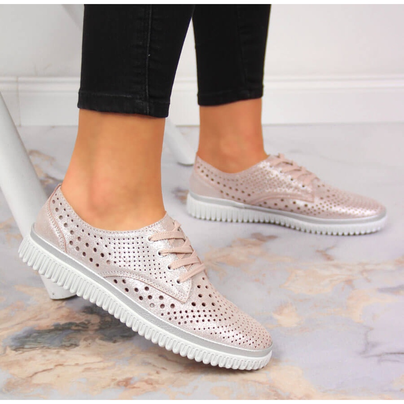 Sapatos femininos de couro vazado, rosa pérola Artiker 2