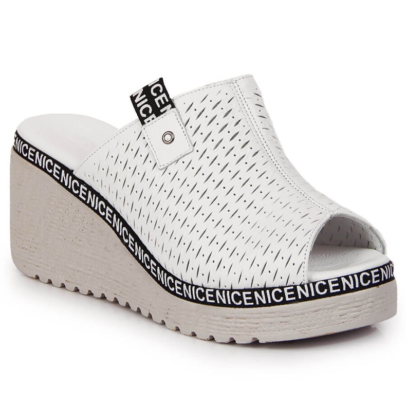 Chinelos de couro feminino em uma cunha Artiker branco 1