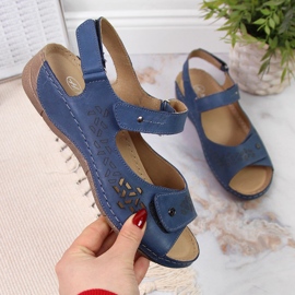 Sandália feminina de couro Helios 266 azul marinho com velcro 1