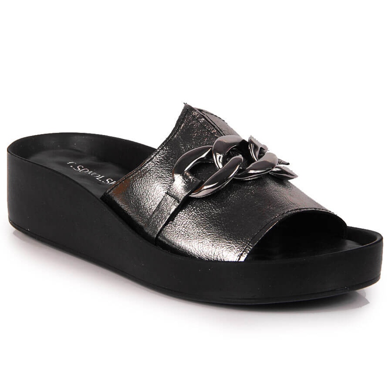 Chinelos femininos de couro com corrente prateada T.Sokolski 1