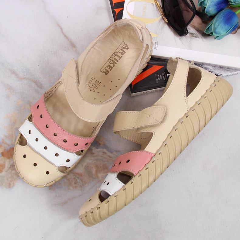 Sandálias femininas de couro com rebordo Artiker bege 2