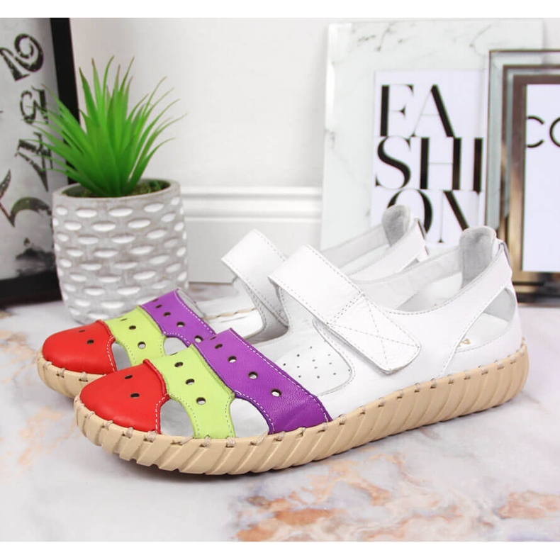 Sandálias femininas de couro com rebordo Artiker branco multicolorido 2