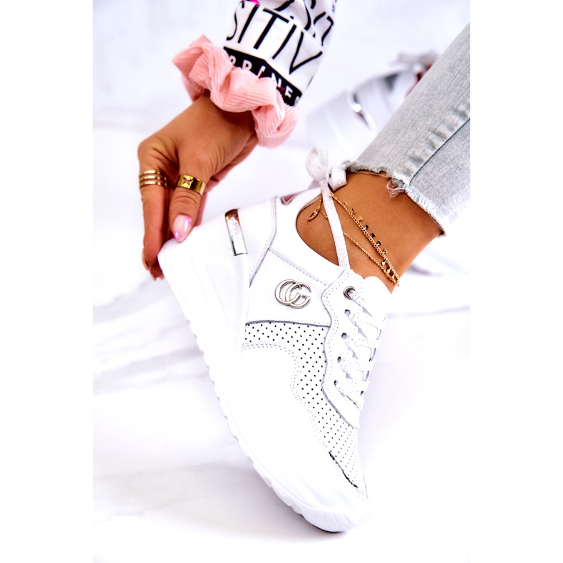 S.Barski Tênis esportivo feminino de couro loissa branco prata 3