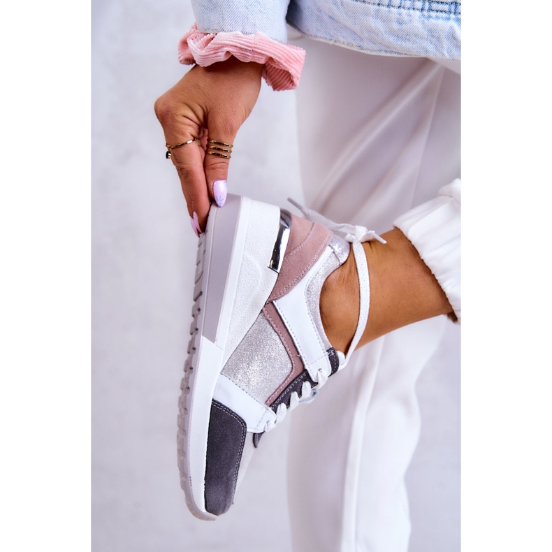 S.Barski Tênis esportivos de couro com cunha cinza prateado Elissa branco rosa prata 3