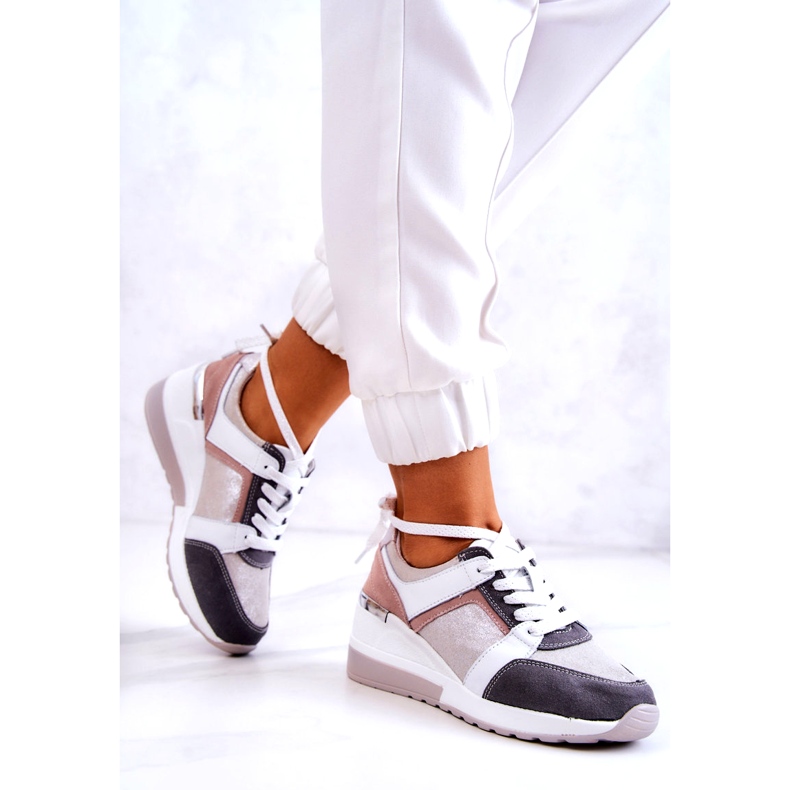 S.Barski Tênis esportivos de couro com cunha cinza prateado Elissa branco rosa prata 4