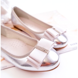 S.Barski Bailarinas infantis de couro com laço decorativo prateado prata 2