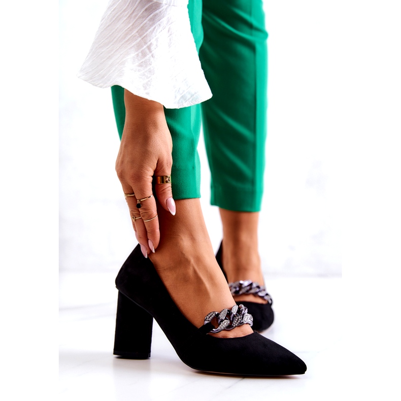 S.Barski Bombas de camurça feminina com uma corrente preta preto 1