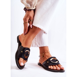 Vinceza Chinelos femininos de couro com ornamento Marinell preto 2