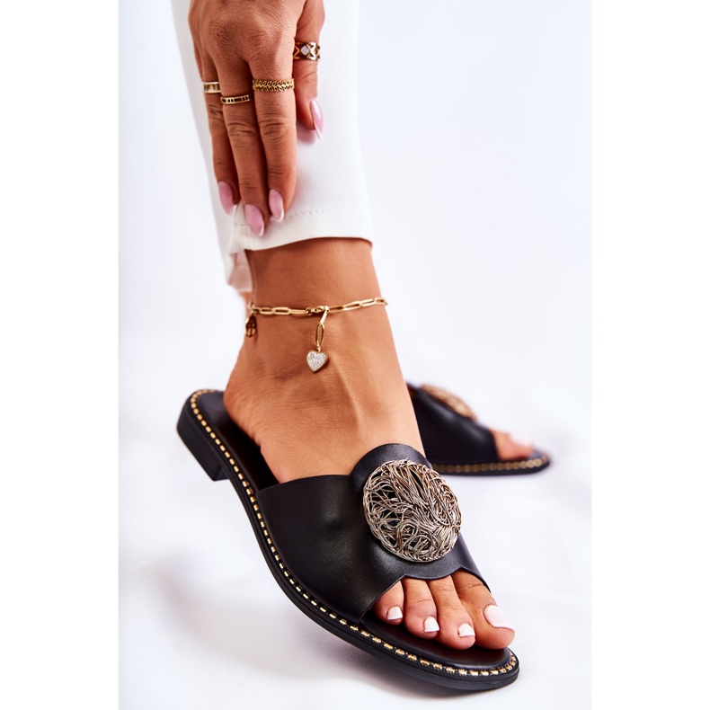 S.Barski Chinelos femininos de couro com ornamento preto Colene 1