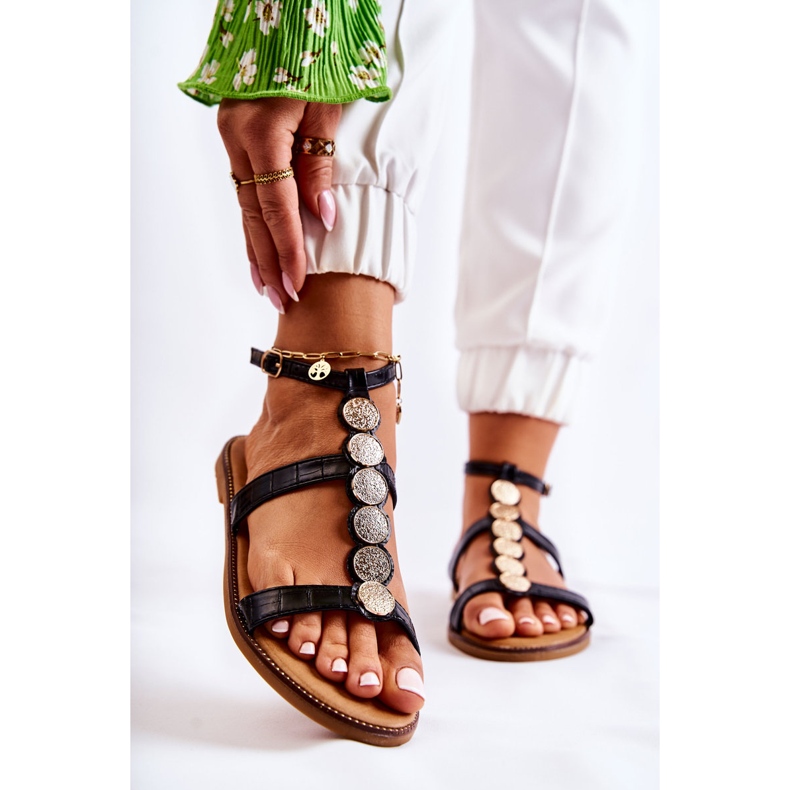 FJ1 Sandálias Femininas com Cinto Decorativo Preto Seila dourado 2