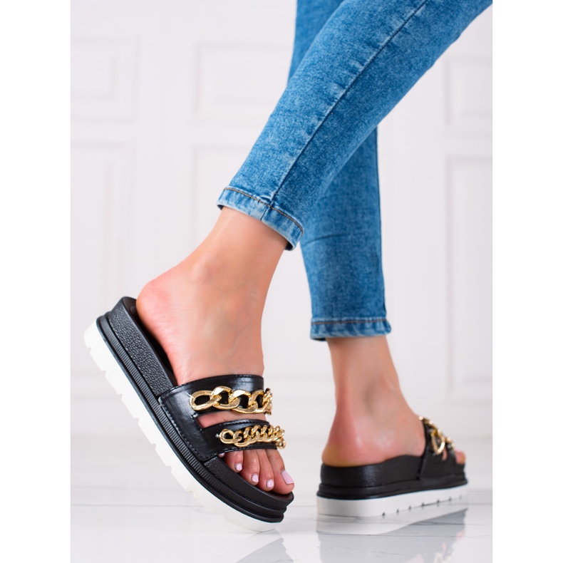 WELLSPRING Chinelos da moda com correntes preto 1