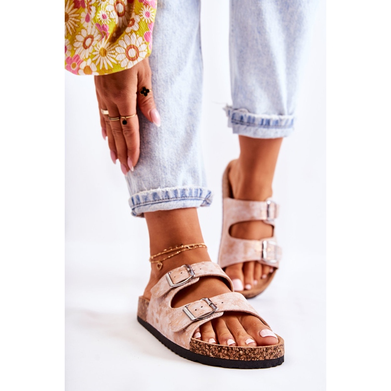 PE1 Chinelos femininos em cortiça com fivelas ouro rosa Vivio 2