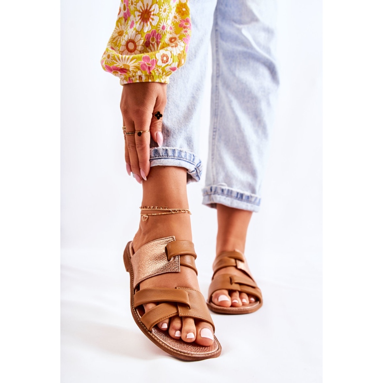 Chinelos femininos de couro confortáveis ​​Maciejka 05549-29 marrom castanho dourado 1