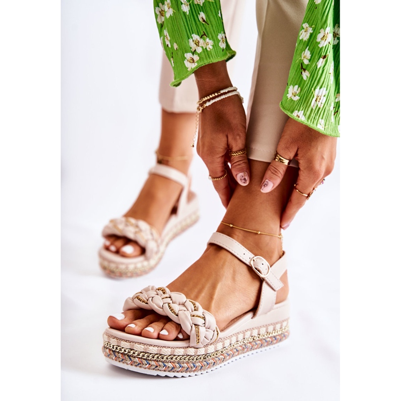 PS1 Sandálias de cunha feminina Bege Chaves dourado 1