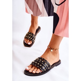 S.Barski Chinelos femininos de couro com ornamento preto Brien 1