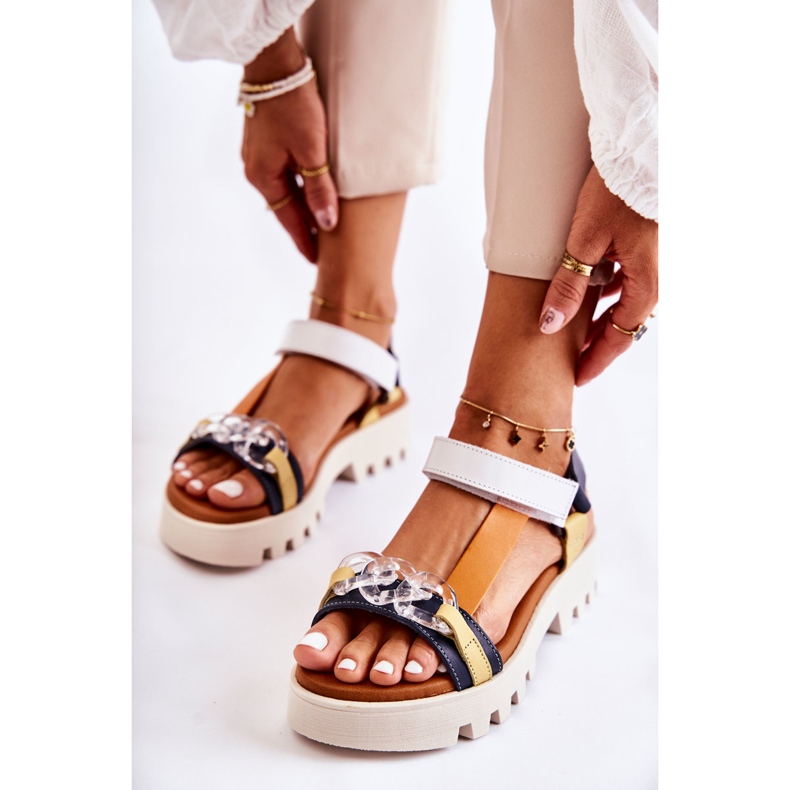 Sandálias de couro com velcro Maciejka L5009-02 Azul Marinho-Branco azul-marinho 1