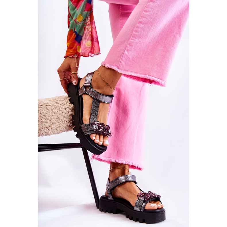 Sandálias de couro com velcro Maciejka L5009-41 prata escura 1