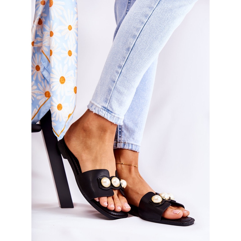 PG1 Chinelos femininos de tacoma preto com pérolas decorativas 2