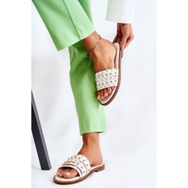 S.Barski Chinelos femininos de couro com decoração branca Brien branco 2