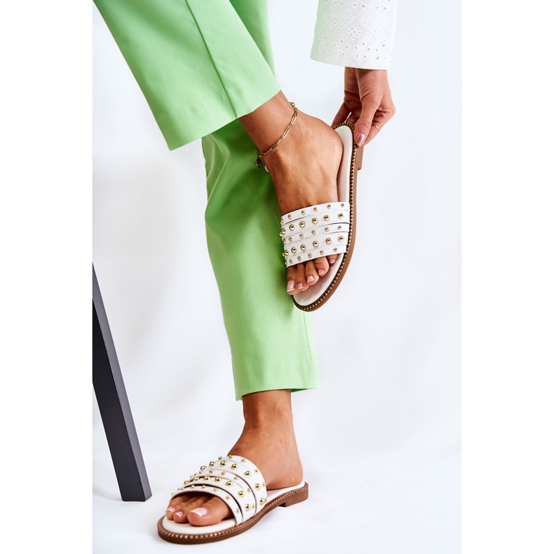 S.Barski Chinelos femininos de couro com decoração branca Brien branco 2