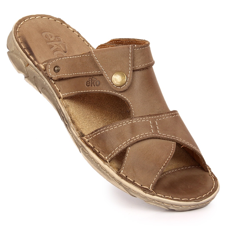 Chinelos EKO de homem em pele castanha bege castanho 1