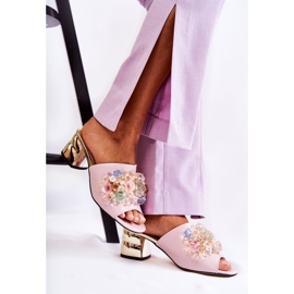 PA2 Chinelos femininos de couro de salto alto com decoração rosa Calinda 2