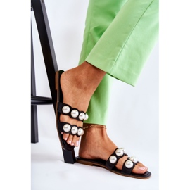 PG1 Chinelos femininos de couro com pérolas decorativas pretas Lasello preto 1