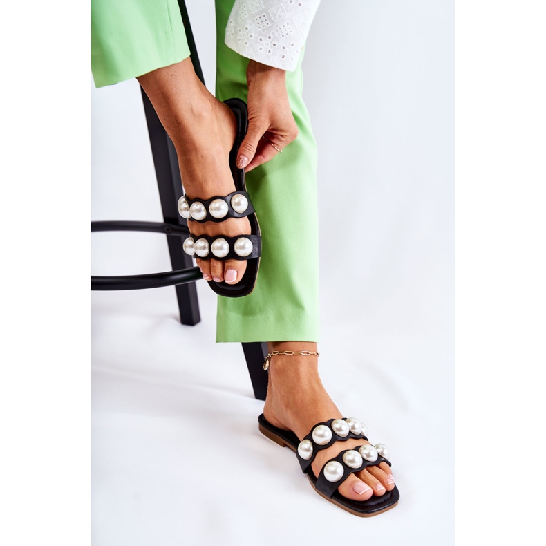 PG1 Chinelos femininos de couro com pérolas decorativas pretas Lasello preto 2