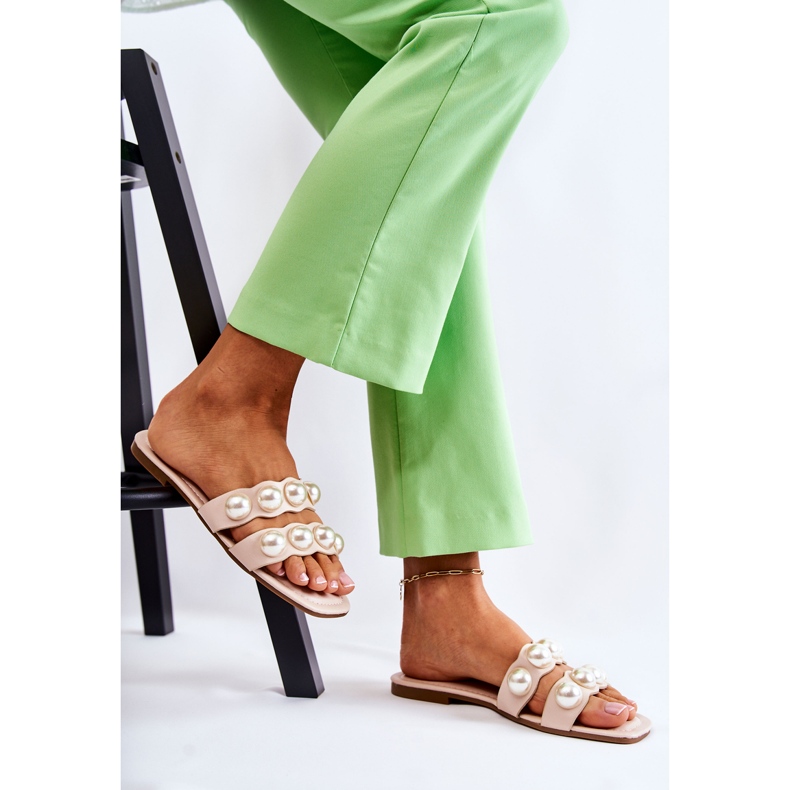 PG1 Chinelos femininos de couro com pérolas Lasello decorativas bege 2