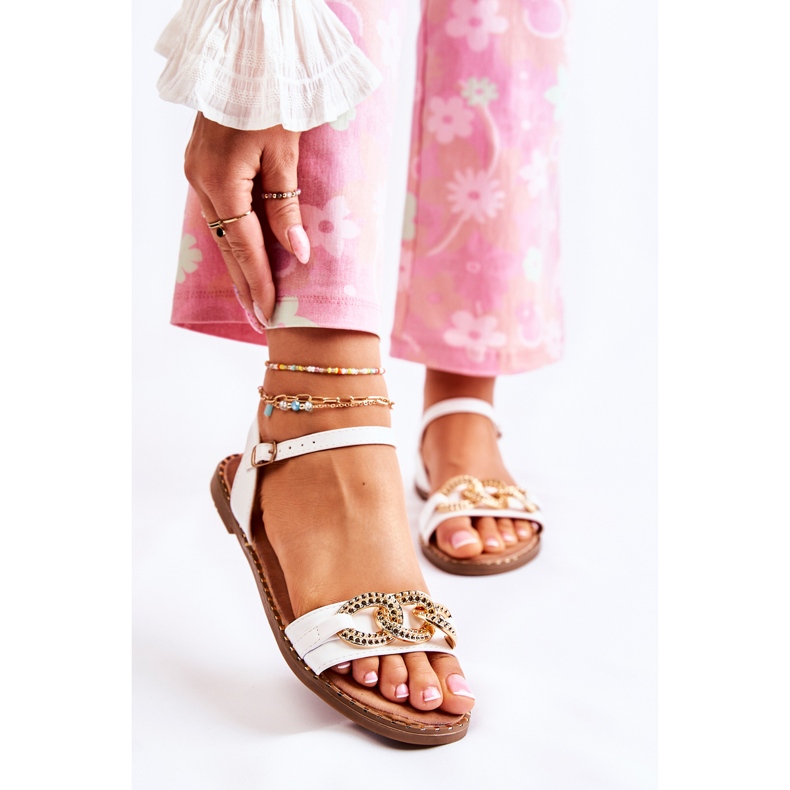 S.Barski Sandálias femininas em saltos planos com uma corrente branca Minevra branco 2