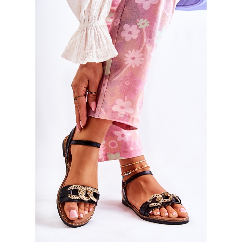 S.Barski Sandálias femininas em saltos planos com uma corrente preta Minevra preto 2