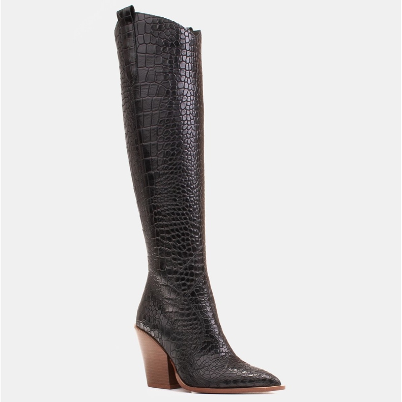 Marco Shoes Botas altas para mulheres, botas de cowboy, padrão croco preto 1