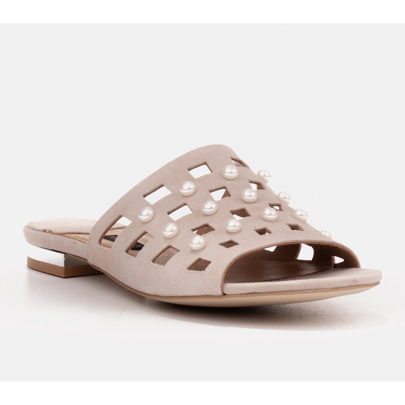 Marco Shoes Chinelos femininos elegantes com pérolas e perfuração bege 1